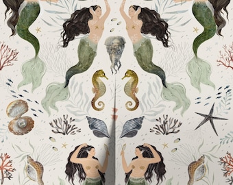 Sage Green Mermaid Wallpaper, Peel and Stick Coastal Nursery Decor, Vintage Ocean Pattern, Removable Nautical Bedroom Wallcovering