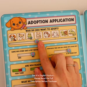 May include: A colorful adoption application form with illustrations of various pets, including a dog, cat, bird, hamster, guinea pig, rabbit, turtle, and chameleon. The form includes questions about pet care and adoption readiness. The text "ADOPTION APPLICATION" is at the top.