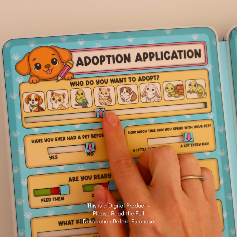 May include: A colorful adoption application form with illustrations of various pets, including a dog, cat, bird, hamster, guinea pig, rabbit, turtle, and chameleon. The form includes questions about pet care and adoption readiness. The text "ADOPTION APPLICATION" is at the top.