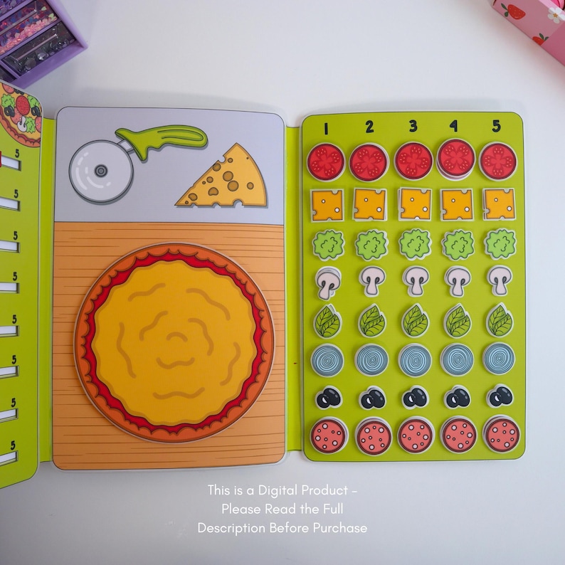 May include: A colorful pizza-themed educational toy. The open book shows a pizza base, pizza cutter, cheese slice, and various toppings like tomatoes, cheese, mushrooms, and olives. The text at the bottom reads: "This is a Digital Product - Please Read the Full Description Before Purchase."