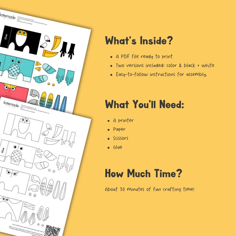 May include: A digital craft template featuring two printable sheets with bird-shaped paper cutouts in color and black and white. The text includes What's Inside, What You'll Need, and How Much Time, detailing a PDF file, printer, paper, scissors, glue, and 30 minutes of time.