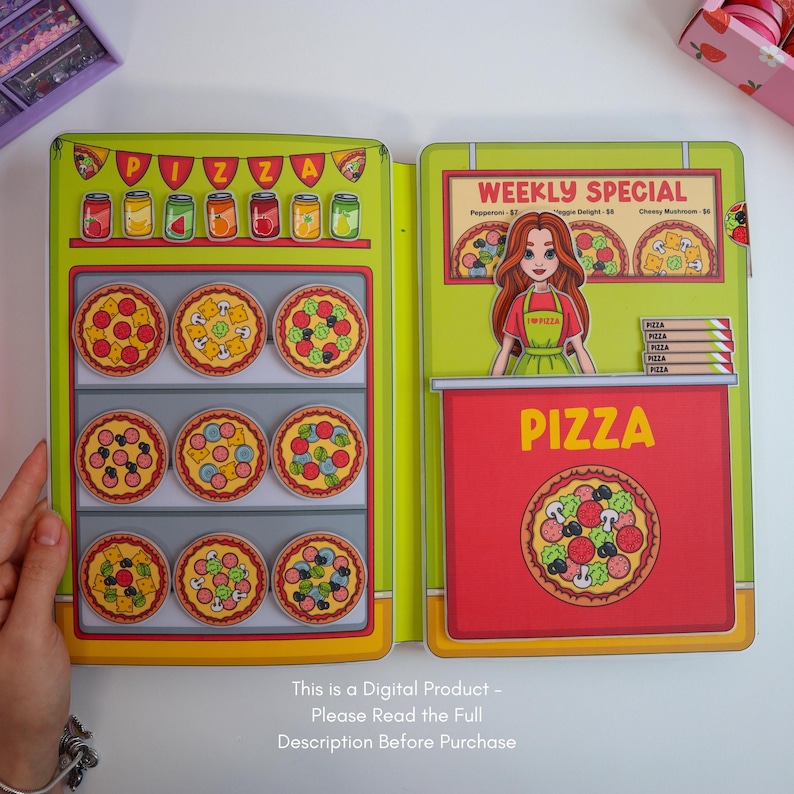May include: A colorful pizza-themed playset with a green and red design. The playset features a pizza shop with a "Weekly Special" sign and a display of various pizzas. The text "PIZZA" is prominently displayed. The image also includes the text: "This is a Digital Product - Please Read the Full Description Before Purchase."
