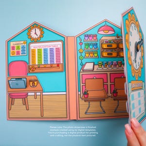 May include: A colorful papercraft classroom scene with a multiplication table, clock, and desk. The scene includes a laptop, a mug, and a pink chair. The text on the image says "Classroom" and "Multiplication Table".