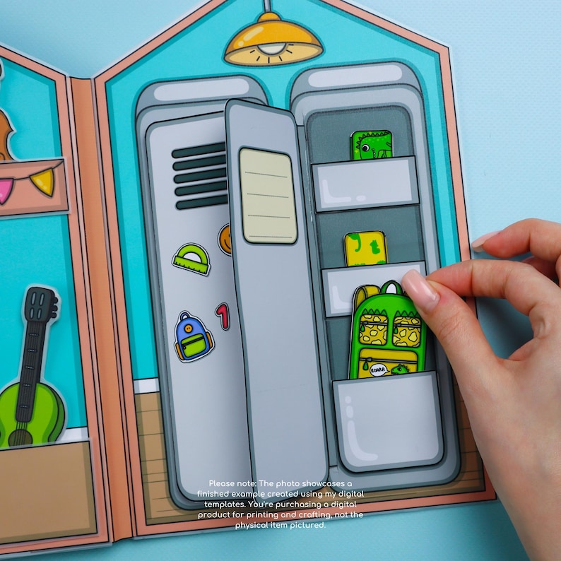 May include: A paper craft school locker with a partially open door, showcasing a green backpack, stickers, and other school supplies. The scene is set in a classroom environment, with a light fixture overhead. The text at the bottom says: Please note: The photo showcases a finished example...