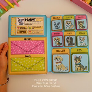May include: A colorful children's activity book featuring cartoon dog illustrations. The book includes sections for treats and toys, with the text "This is a Digital Product - Please Read the Full Description Before Purchase."