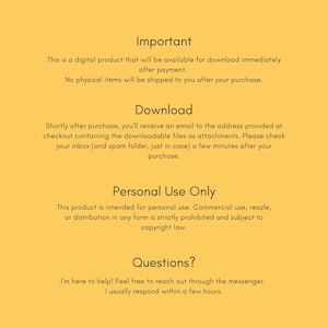 May include: A yellow digital information graphic with black text. The text sections are titled Important, Download, Personal Use Only, and Questions. It explains that this is a digital product for personal use, available for download after purchase.