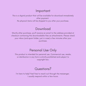 May include: A light purple digital information sheet with dark text. The headings are Important, Download, Personal Use Only, and Questions. The text explains that this is a digital product for personal use, delivered via email after purchase.