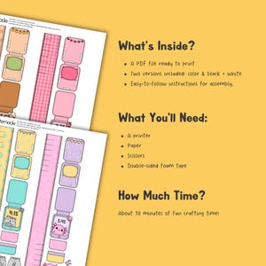 May include: Two sheets of printable paper crafts with colorful designs, including clocks, jars, and rulers. The text on the right side says "What's Inside?" and "What You'll Need:" with a list of items. The background is a light orange color.