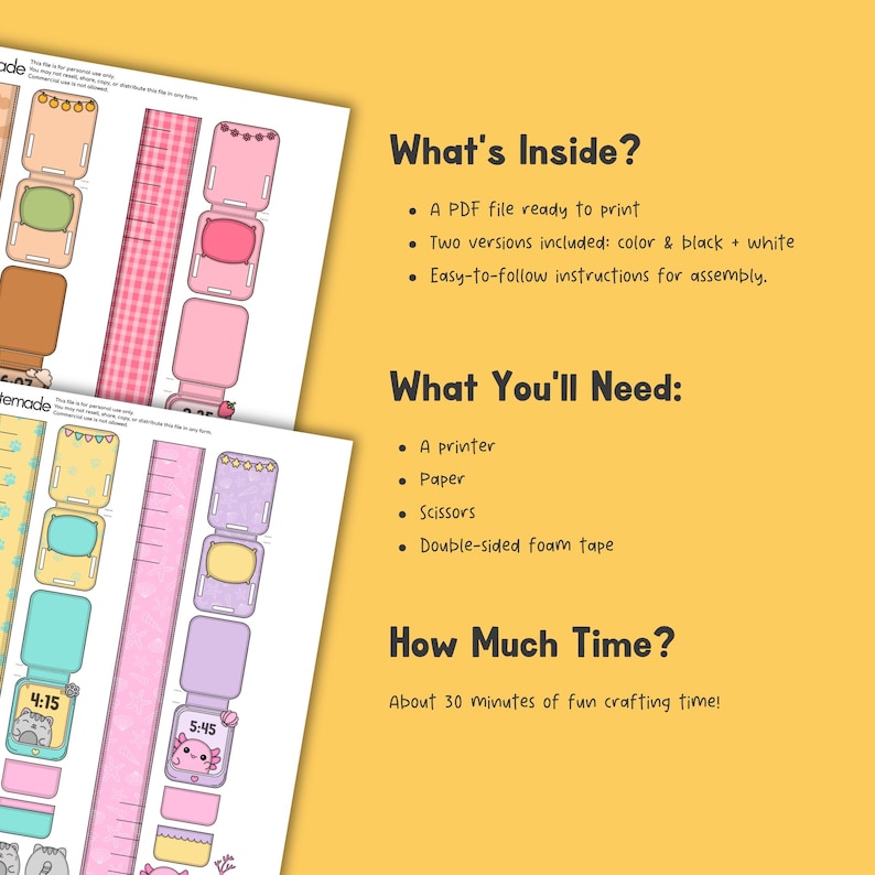 May include: Two sheets of printable paper crafts with colorful designs, including clocks, jars, and rulers. The text on the right side says "What's Inside?" and "What You'll Need:" with a list of items. The background is a light orange color.