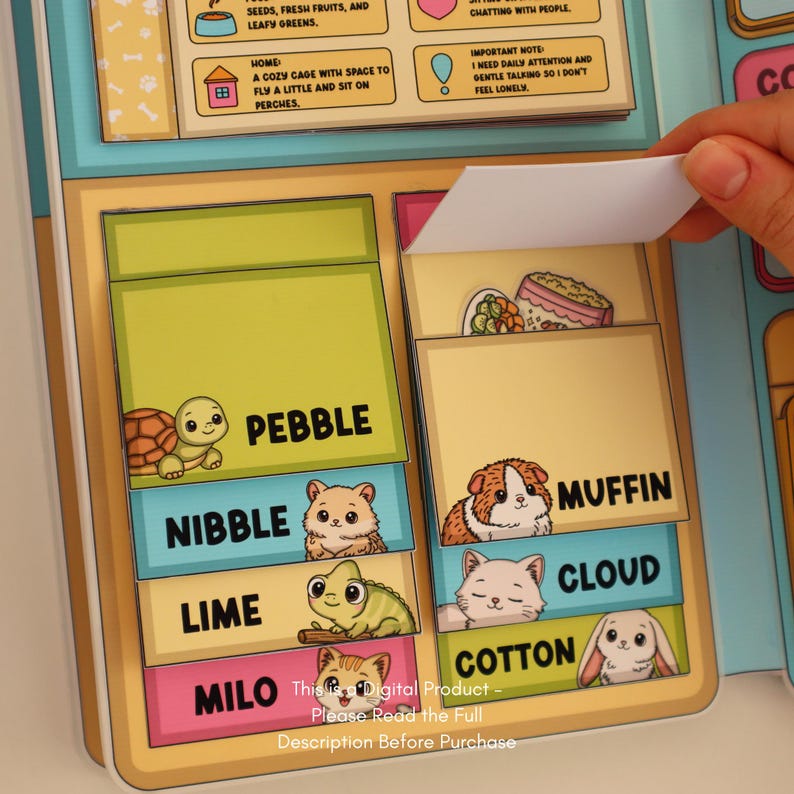 May include: A colorful pet care guide with illustrations of various animals, including a turtle, hamster, frog, cat, and rabbit. Each animal is labeled with a name. The guide includes text about pet care and a note about needing daily attention.