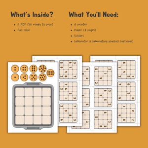 Op de afbeelding: Een printbare PDF-activiteitenset met een bakplaat-spelbord, ronde koekjesfiches met chocoladestukjes en meerdere Sudoku-puzzels. De tekst luidt What's Inside en What You'll Need, met een lijst van printer, papier, schaar en lamineerapparaat.