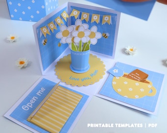 Biglietto d'auguri pop-up per la festa della mamma stampabile | Regalo fai da te per la mamma | Scatola a sorpresa con fiori | Modello di carta facile da realizzare | PDF per lavoretti per bambini