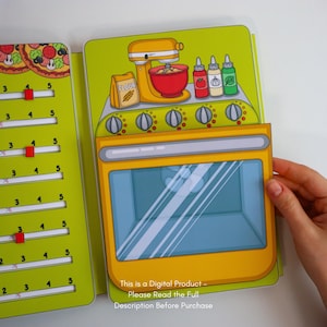 May include: A colorful, illustrated children's book with a kitchen theme. The open pages display a yellow oven, a mixer, and condiments. The text "FLOUR" is visible. The book also features sliders and pizza illustrations. The text "This is a Digital Product - Please Read the Full Description Before Purchase" is also visible.