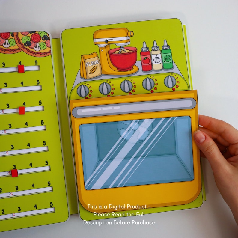 May include: A colorful, illustrated children's book with a kitchen theme. The open pages display a yellow oven, a mixer, and condiments. The text "FLOUR" is visible. The book also features sliders and pizza illustrations. The text "This is a Digital Product - Please Read the Full Description Before Purchase" is also visible.