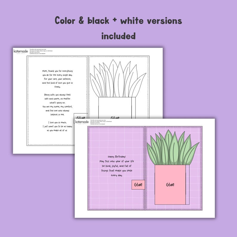 May include: Two greeting card designs are shown, one in color and one in black and white. The cards feature a potted plant illustration and text. The color version has a pink pot and green leaves. The text includes "Happy Birthday!" and a message.
