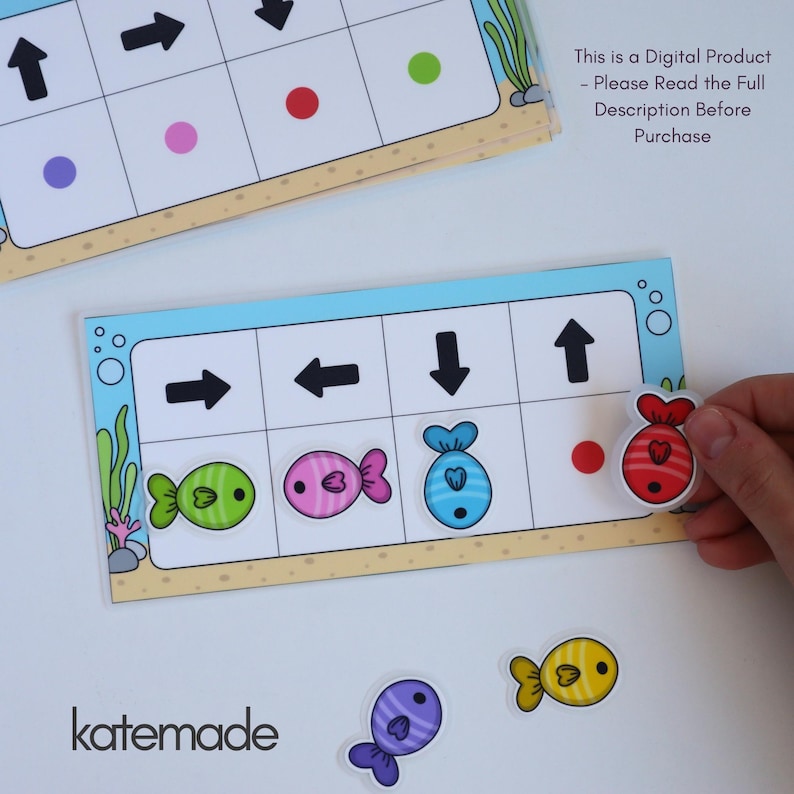 Op de afbeelding: Een printbaar educatief werkblad met een raster met zwarte richtingspijlen en kleurrijke visuitsparingen. Het blad bevat de tekst: This is a Digital Product - Please Read the Full Description Before Purchase. De merknaam katemade is zichtbaar.