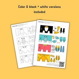 May include: Two printable paper craft sheets featuring bird templates in color and black and white versions. The sheets include body parts, wings, and beaks with the text katemade, glue, and a QR code. These templates are designed for assembly.