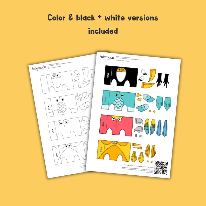 May include: Two printable paper craft sheets featuring bird templates in color and black and white versions. The sheets include body parts, wings, and beaks with the text katemade, glue, and a QR code. These templates are designed for assembly.