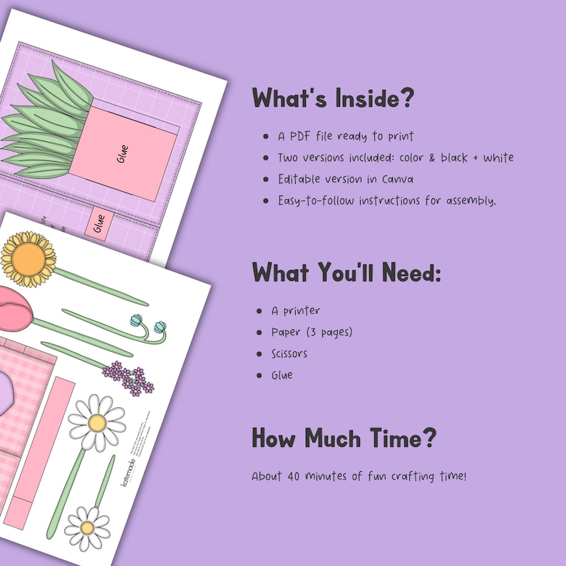 May include: A printable craft project with instructions and cut-out templates for paper flowers and a potted plant. The image includes text that says "What's Inside?" and "What You'll Need:" with a list of required materials.