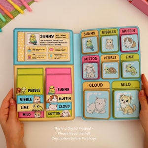May include: A colorful children's interactive book with illustrations of various pets, including a parrot, bunny, turtle, and cat. The book features the text "SUNNY" and "This is a Digital Product - Please Read the Full Description Before Purchase."