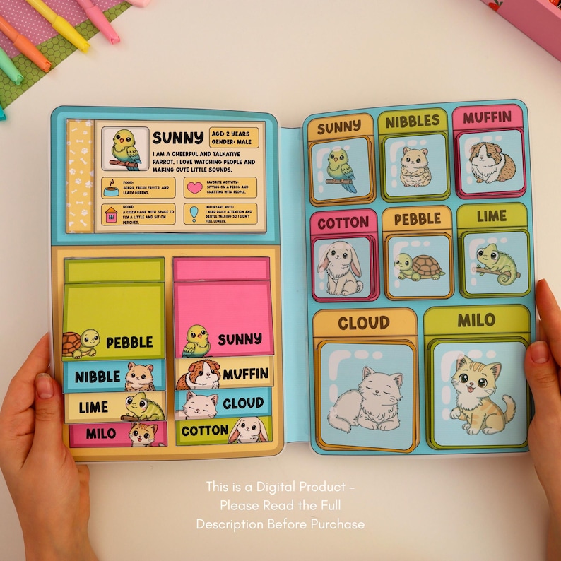 May include: A colorful children's interactive book with illustrations of various pets, including a parrot, bunny, turtle, and cat. The book features the text "SUNNY" and "This is a Digital Product - Please Read the Full Description Before Purchase."