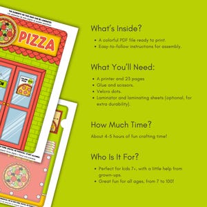 May include: A colorful printable pizza shop playset with instructions. The image shows a pizza shop facade with the word "PIZZA" in large letters. The text also lists the materials needed, including a printer, glue, and scissors.