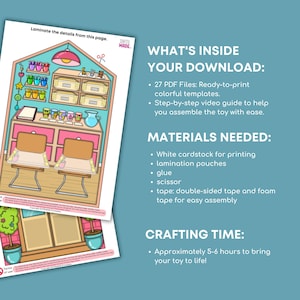 May include: A colorful printable craft project featuring a classroom scene with desks, shelves, and decorative elements. The image includes text detailing the contents of the download, materials needed, and crafting time. The project is designed to be laminated.