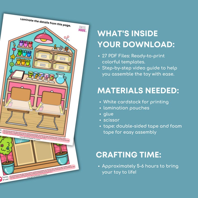 May include: A colorful printable craft project featuring a classroom scene with desks, shelves, and decorative elements. The image includes text detailing the contents of the download, materials needed, and crafting time. The project is designed to be laminated.