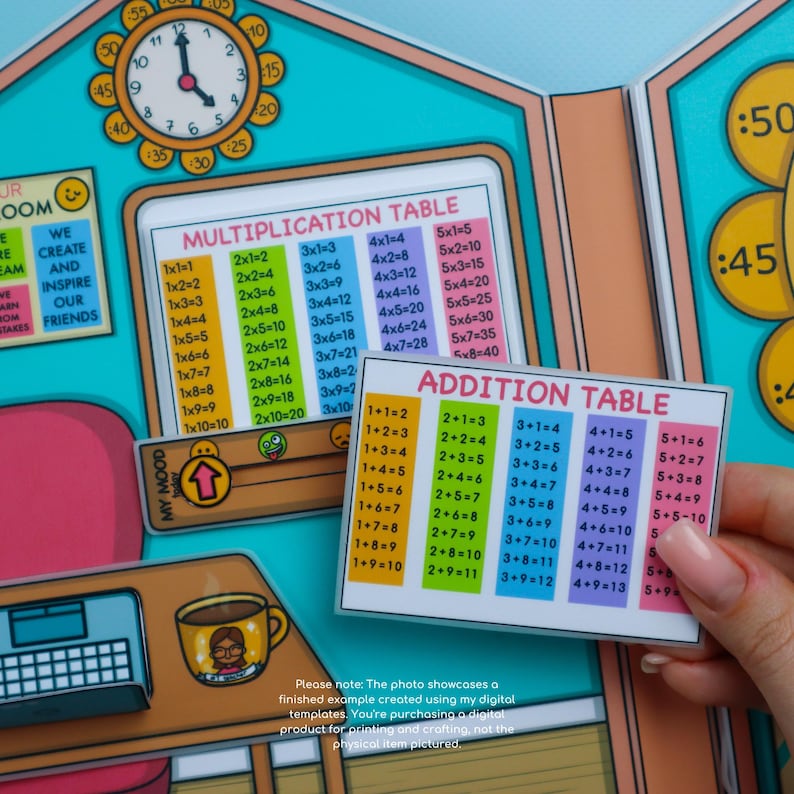 May include: A colorful educational set featuring multiplication and addition tables. The tables are displayed on cards with various equations and answers. A clock graphic and a mug are also visible.