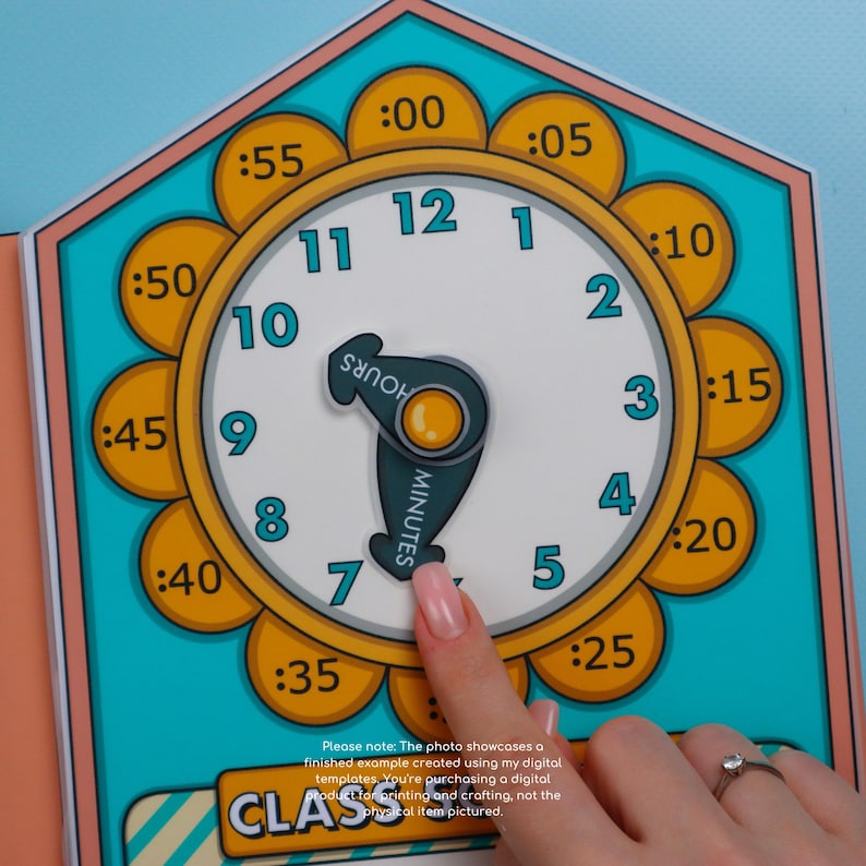 May include: A colorful clock face with a teal background and a yellow floral border. The clock has black numbers and a teal hour and minute hand. The text "HOURS" and "MINUTES" are on the hands. The time is set to 7:35. The text "CLASS" is at the bottom.