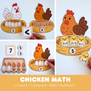Pode incluir: Conjunto de atividades matemáticas educativas com galinhas, ninhos e ovos em desenho animado. Inclui cartões numéricos, símbolos de comparação e problemas de adição. O conjunto está rotulado como Chicken Math com o texto Count, Compare, Add, Subtract.