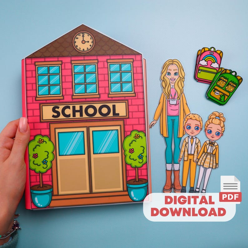 May include: A paper schoolhouse with the word "SCHOOL" above the doors, next to paper dolls of a teacher and two students. Two paper backpacks are also included. The words "DIGITAL PDF DOWNLOAD" are at the bottom.