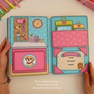 May include: Open, illustrated pet adoption kit with a pink and blue color scheme. The kit includes a grooming station, pet supplies, and a pet adoption certificate. The text reads: "This is a Digital Product - Please Read the Full Description Before Purchase."
