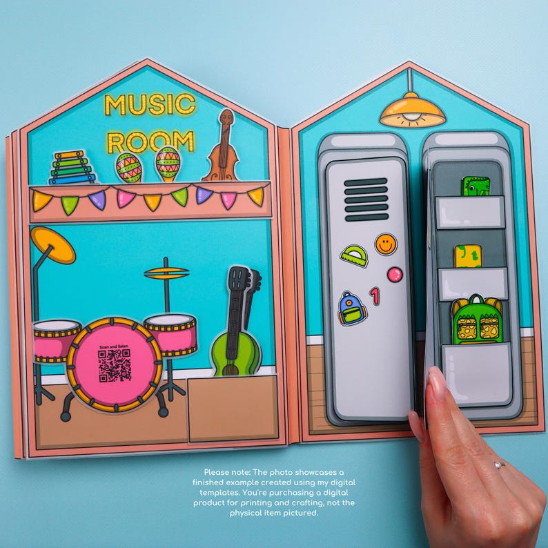 May include: A colorful paper craft depicting a music room and a refrigerator. The music room features a drum set, guitar, and the text "MUSIC ROOM". The refrigerator has stickers and shelves with food. The image is a digital template.
