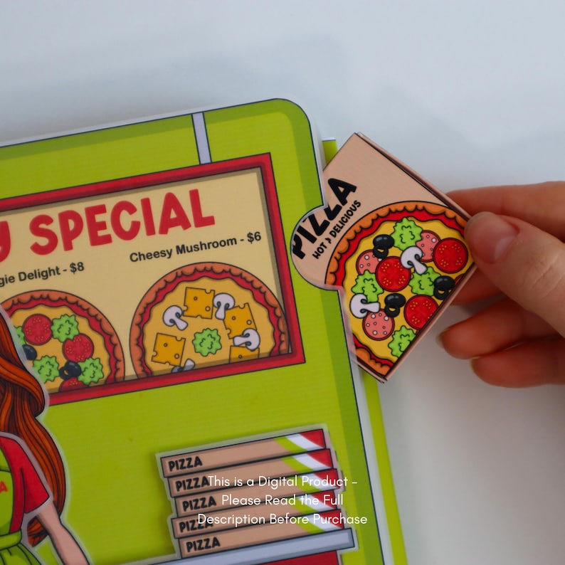 May include: A colorful pizza-themed menu with the text "SPECIAL" and pizza illustrations. A pizza slice with the words "HOT & DELICIOUS" is held near the menu. The menu also includes the text "This is a Digital Product - Please Read the Full Description Before Purchase."