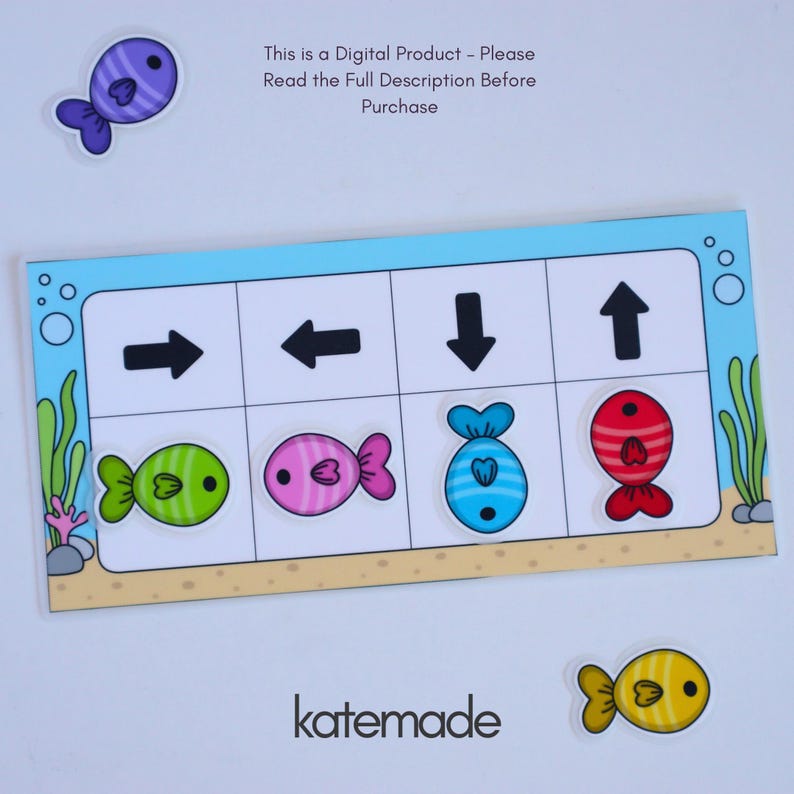 Op de afbeelding: Een digitaal educatief werkblad met een raster van richtingpijlen en kleurrijke visillustraties. De tekst luidt: This is a Digital Product - Please Read the Full Description Before Purchase. De merknaam katemade is onderaan het blad zichtbaar.