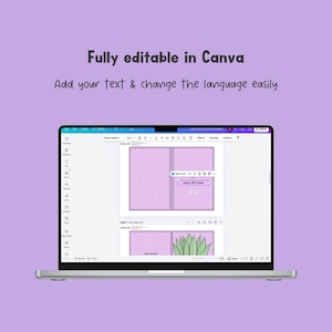 May include: A laptop displays a design template with a purple grid background. The text "Fully editable in Canva" and "Add your text & change the language easily" are visible. The design includes a "Happy Birthday" greeting.
