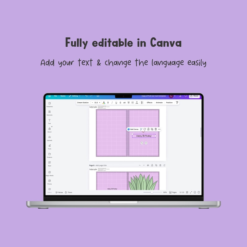 May include: A laptop displays a design template with a purple grid background. The text "Fully editable in Canva" and "Add your text & change the language easily" are visible. The design includes a "Happy Birthday" greeting.