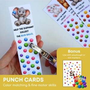 Könnte beinhalten: Eine rechteckige weiße Papier-Lochkarte mit einem Zeichentrick-Elefanten und dem Text HELP THE ELEPHANT COLLECT THE BLUE BALLS sowie Reihen bunter Kreise. Ein Metall-Locher ist über einem der Kreise auf der Karte positioniert.