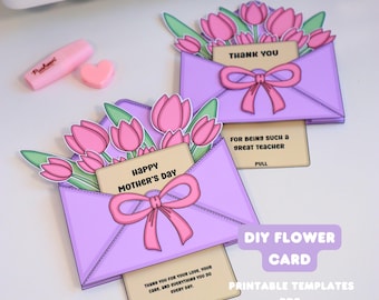 Plantilla imprimible para tarjeta de flores, tarjeta desplegable DIY, tarjeta para el Día de la Madre, tarjeta de agradecimiento para profesores, plantilla editable de Canva, PDF para manualidades infantiles