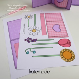 May include: Digital product with floral cutouts, including daisies, a tulip, and a sunflower. The design features pink and purple gingham patterns and a heart shape. Text on the image reads: "This is a Digital Product - Please Read the Full Description Before Purchase" and "katemade."