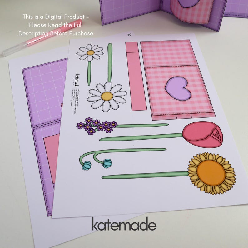 May include: Digital product with floral cutouts, including daisies, a tulip, and a sunflower. The design features pink and purple gingham patterns and a heart shape. Text on the image reads: "This is a Digital Product - Please Read the Full Description Before Purchase" and "katemade."