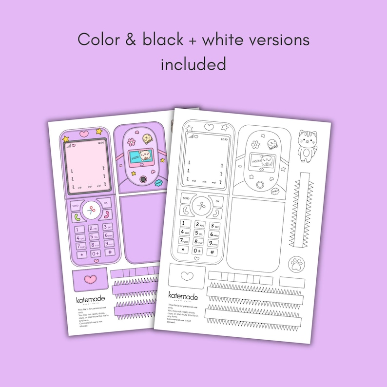May include: Two printable paper craft sheets featuring a flip phone design, one in full color and one in black and white. The sheets include cut-out components for the phone body, keypad, and screen, with the text "Color & black + white versions included" and "katemade" visible.
