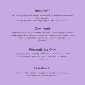 May include: A digital product information sheet on a lavender background. The text includes "Important", "Download", "Personal Use Only", and "Questions?" with details about digital downloads and usage restrictions.