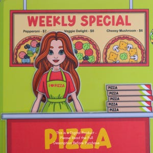 May include: A colorful illustration of a pizza shop with a "Weekly Special" sign featuring pizza options. A cartoon girl wearing a red shirt and green apron that says "I ❤️ PIZZA" stands in front of a counter with pizza boxes. The text "This is a Digital Product - Please Read the Full Description Before Purchase" is also visible.