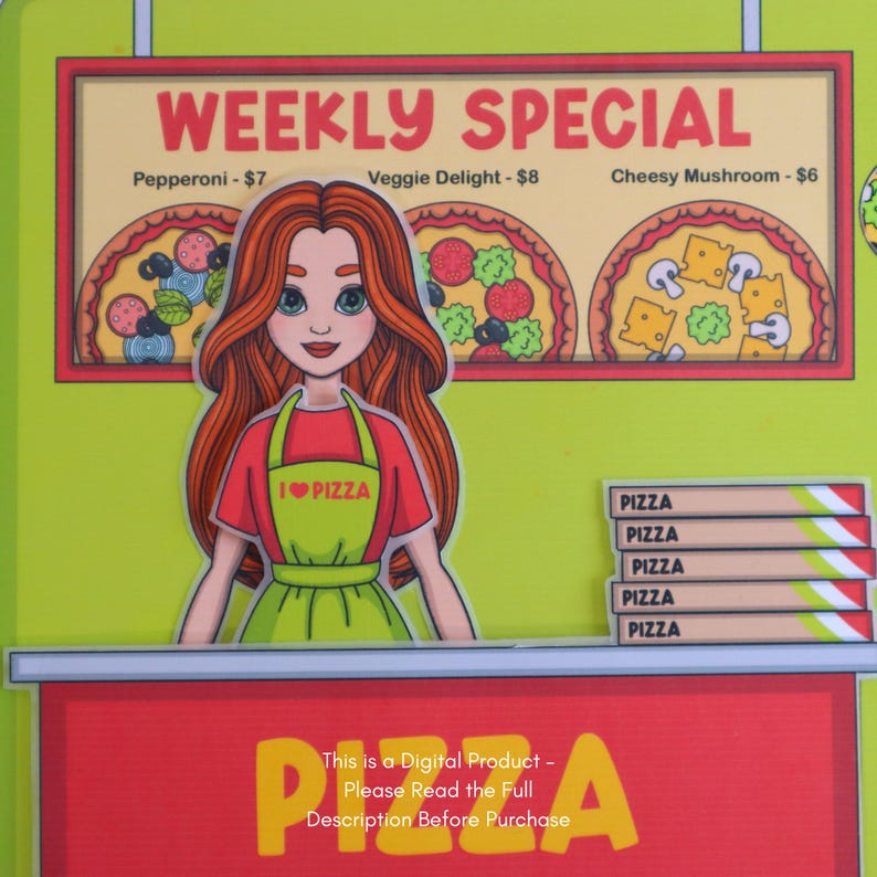 May include: A colorful illustration of a pizza shop with a "Weekly Special" sign featuring pizza options. A cartoon girl wearing a red shirt and green apron that says "I ❤️ PIZZA" stands in front of a counter with pizza boxes. The text "This is a Digital Product - Please Read the Full Description Before Purchase" is also visible.