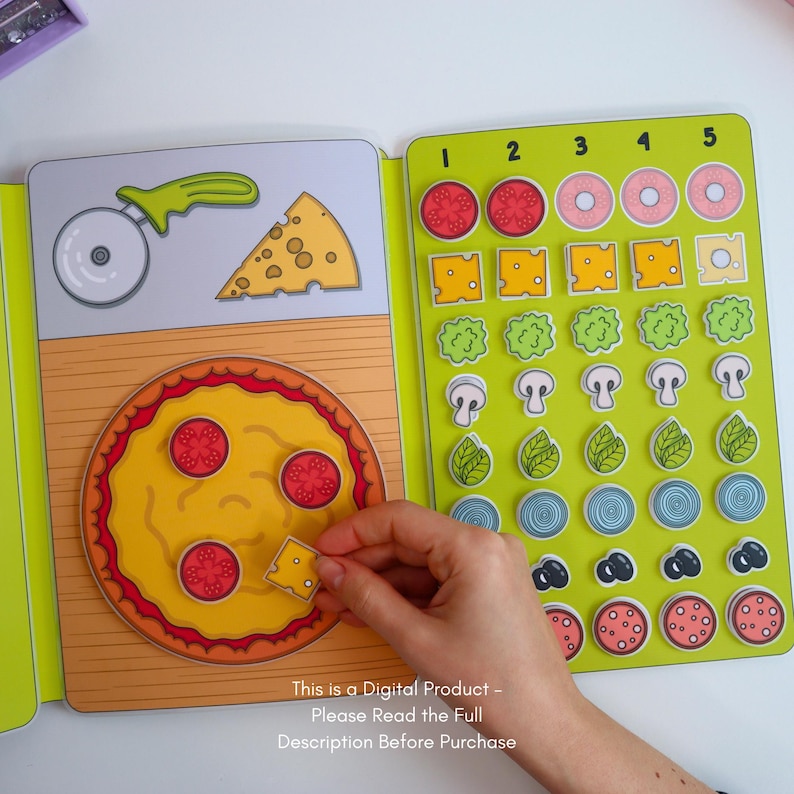 May include: A colorful pizza-themed educational toy. The open book shows a pizza with toppings, a pizza cutter, and a slice of cheese. The right page has various pizza toppings. The text at the bottom says, "This is a Digital Product - Please Read the Full Description Before Purchase."