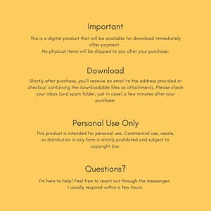 May include: A yellow digital information graphic with black text. The text sections are titled Important, Download, Personal Use Only, and Questions. It explains that this is a digital product for personal use, available for download after purchase.