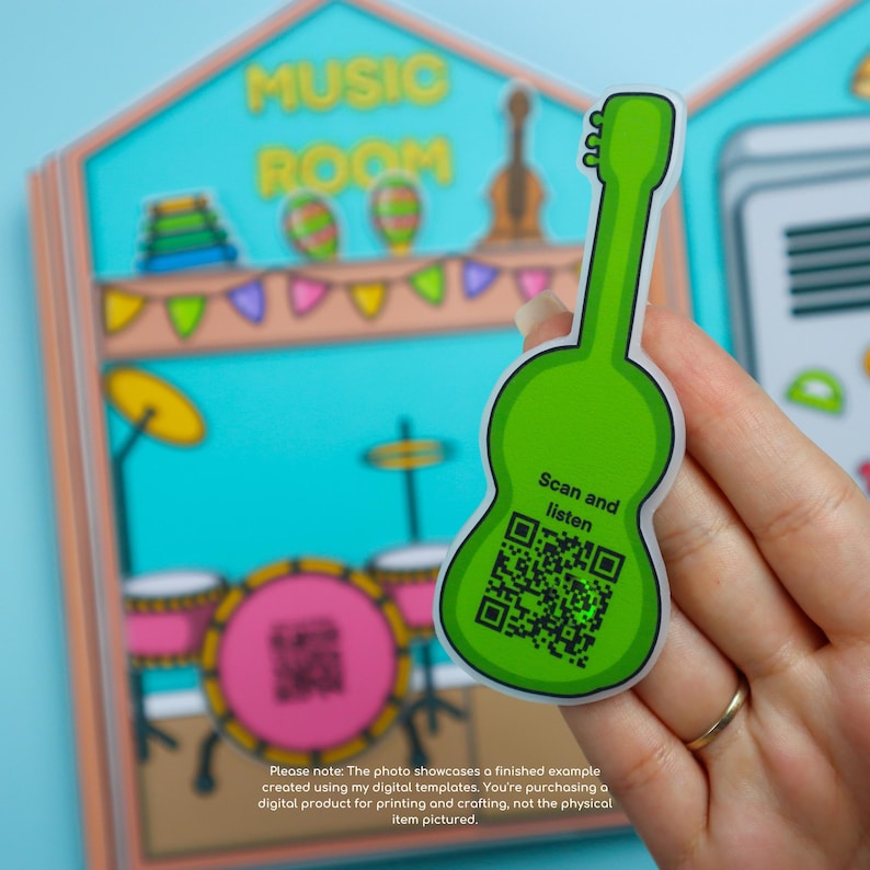 May include: A bright green guitar-shaped sticker with the text "Scan and listen" and a QR code. The sticker is held in front of a colorful illustration of a music room with musical instruments. The background includes the words "MUSIC ROOM".