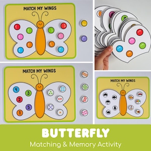 Könnte beinhalten: Ein Match My Wings Schmetterlings-Aktivitätsset mit gelben rechteckigen Karten und einem zentralen orangefarbenen Schmetterling. Die Karten enthalten kreisförmige Felder zum Zuordnen von farbigen, nummerierten oder mit Symbolen versehenen Spielsteinen.